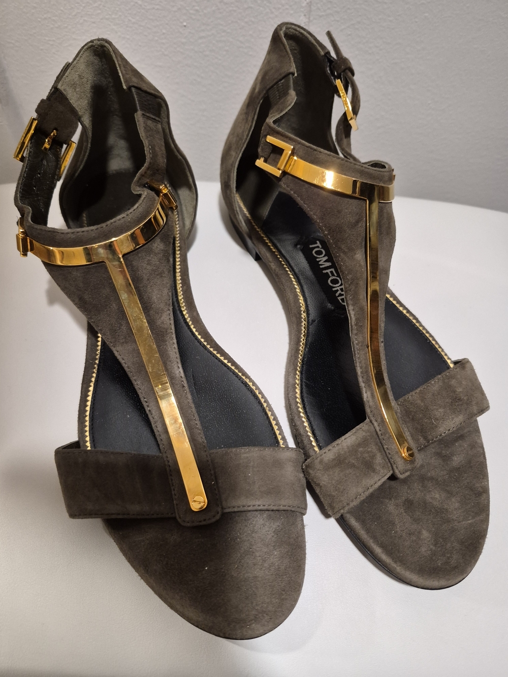 Tom Ford Olive Suede T-Strap Sandals with Gold Accents